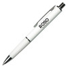 A metal pen in white with a textured grip and a shiny silver clip, featuring a logo.