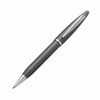 A metal pen in dark grey with a silver clip, featuring a sleek design and a branding logo.