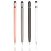 Four metal pens in rose gold, silver, dark grey, and white, each featuring a stylus tip and a logo.