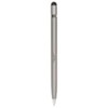 A metal pen in silver with a sleek design, featuring a black tip and a branding logo at the base.