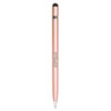 A metal pen in a rose gold finish with a logo. Features a smooth writing tip and a textured grip.