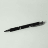 A black metal pen with silver detailing and a clip, featuring a sleek design and polished finish.