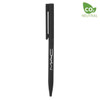 A black metal pen with a clip and a logo. The design is sleek and minimalistic.