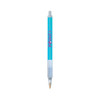 A blue plastic pen with a clear grip and a logo at the top, designed for writing.