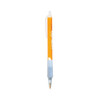 An orange pen with a translucent blue grip and a clip, featuring a branding logo.