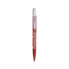 A red plastic pen with a white cap and a logo. It features a smooth, streamlined design.