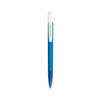 A blue plastic pen with a white cap and a logo on the clip.