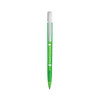 A green plastic pen with a white end and a logo printed on the barrel.
