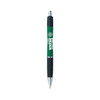 A green and black pen with a logo, designed for writing. Features a retractable mechanism and a textured grip.