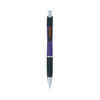 A purple and black pen with a chrome tip and clip, featuring a logo on the body.