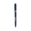 A navy metal pen with a gold accent and a logo on the body.