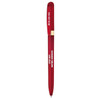 A red metal pen with a sleek design and a logo on the body.
