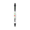 A white pen with black accents, featuring a branding logo along the barrel.