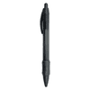 A black plastic pen with a textured grip and a clip, featuring a transparent body and a rounded tip.