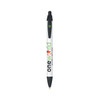 A pen featuring a white barrel with green and black accents. It has a logo on the side and a black tip.
