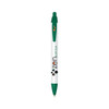 A plastic pen with a white body and green accents, featuring a logo on the barrel.