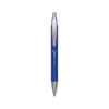 A metal pen in blue with a silver clip and tip, featuring a logo on its body.