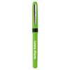 A green pen with a sleek design, featuring a metallic clip and a logo on the barrel.