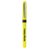 A bright yellow pen with a black grip and branding on the barrel, featuring a sleek silver clip.