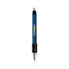 A metal pen with a wide body and chrome grip, featuring a blue barrel and black rubber grip. It includes a logo.