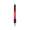 A red metal grip pen with a black rubber grip and a chrome clip, featuring a branding logo.