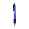 A blue metal pen with a chrome grip and a black rubberised section, featuring a logo.