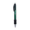 A metal pen with a green body, black grip, and silver tip, featuring a logo on the side.
