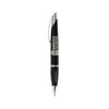 A black pen with a silver clip and a branding logo on the barrel.