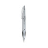 A silver pen featuring a sleek design with a black grip and a logo on the barrel.