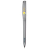 A grey plastic pen with a transparent barrel and a logo on the side.