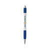 A white pen with a blue grip and silver accents, featuring a logo on the barrel.
