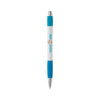 A white pen with a blue grip and silver accents, featuring a logo on the body.