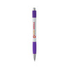 A white pen with a purple grip and silver accents, featuring a logo on the barrel.