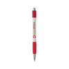 A white pen with a red grip and a branding logo. It features a shiny silver clip and tip.