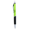 A green plastic pen with a silver clip and a black grip. The pen features a logo on its side.