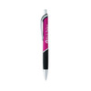 A pink and silver plastic pen with a textured black grip and a logo on the side.