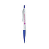 A silver and blue plastic pen featuring a clip and a logo. Ideal for writing or promotional use.