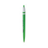 A green plastic pen with a silver clip and tip, featuring a logo on its body.