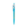A plastic pen in bright blue with a silver clip and a branding logo.