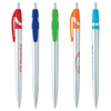 A collection of five silver metal pens with coloured accents in blue, green, orange, and turquoise. Each pen features a logo.