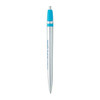 A metal pen with a silver body and a light blue grip, featuring a logo.
