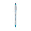 A silver and blue stylus highlighter pen combo with a logo.