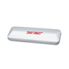 A sleek brushed metal gift box in silver, designed for pen packaging, featuring a logo.