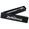 A black two-piece gift box containing a silver pen, featuring a logo. The box is elegantly designed for presentation.