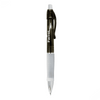 A plastic pen with a black body, white grip, and a clear click mechanism. It features a logo.