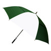 A green and white umbrella with a sturdy handle and a branding logo. Ideal for protection against rain.