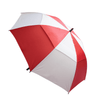A red and white, segmented umbrella with a central opening mechanism and a logo on the handle.