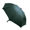 A dark green umbrella with a sleek design and a handle, featuring a logo.