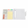 A spiral-bound notepad with lined pages, sticky notes, and assorted coloured tabs. It features a logo on the cover.