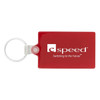 A rectangular red keychain with a silver ring and a logo.